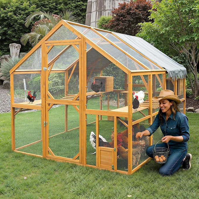 109.6'' Large Wood Chicken Coop Enclosures,Walk-in Poultry Cage, Chicken Run Pen Duck House with Walking Platforms & 2 Napping Houses,Waterproof and Anti-Ultraviolet Cover,Yellow