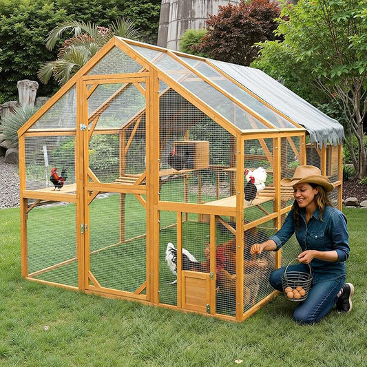 109.6'' Large Wood Chicken Coop Enclosures,Walk-in Poultry Cage, Chicken Run Pen Duck House with Walking Platforms & 2 Napping Houses,Waterproof and Anti-Ultraviolet Cover,Yellow