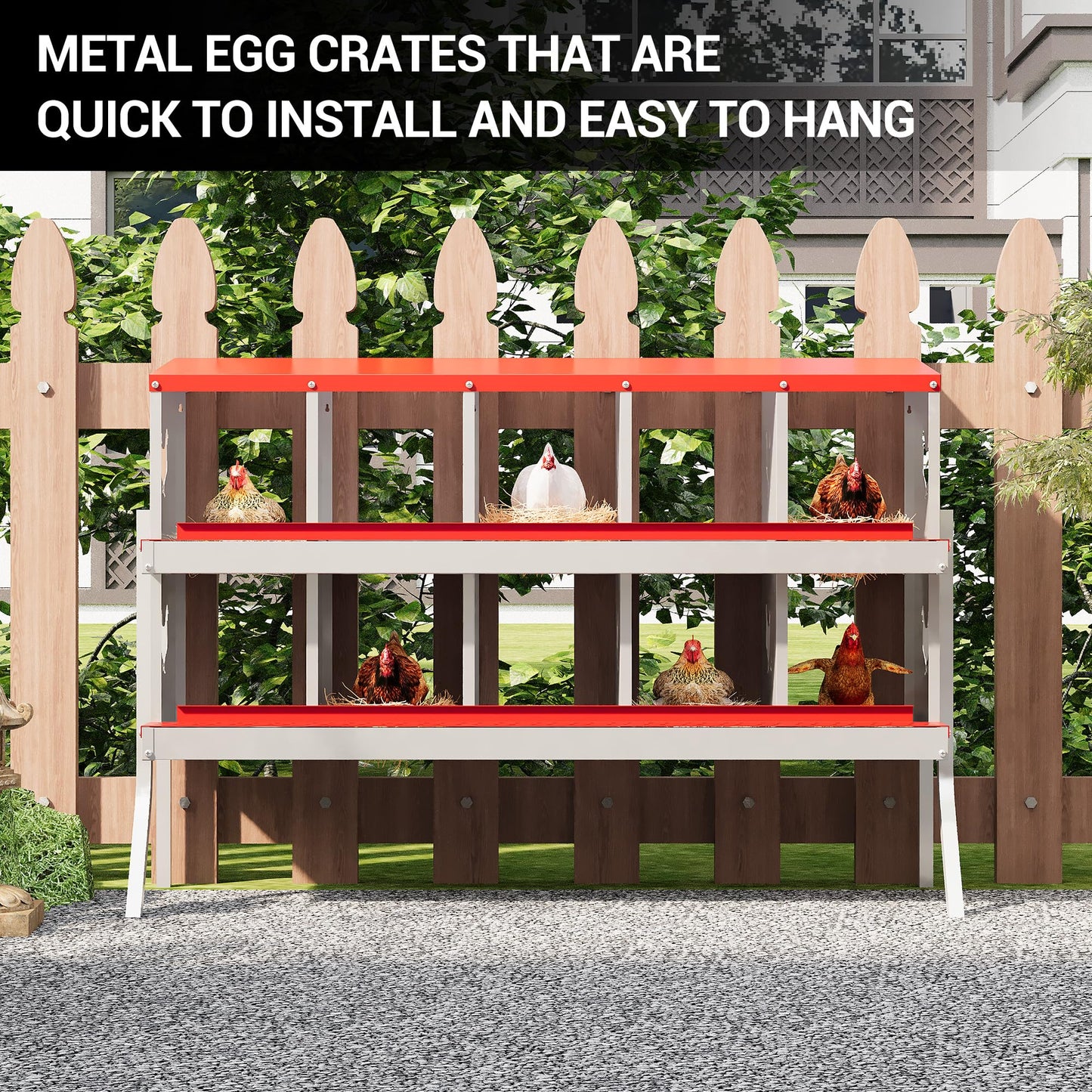10 Hole Chicken Nesting Box - Galvanized Steel Roll Out Egg Collection with Vented Design | Rustproof Laying Boxes for Hens | Poultry Coop Accessories for Egg Layers, Red with Stand
