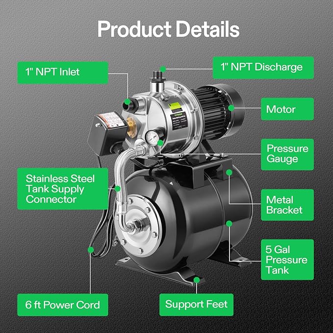 VIVOSUN 1.6 HP Shallow Well Pump with Pressure Tank, NSF Certified, 1320 GPH, Stainless Steel, Automatic Water Booster Jet Pump with Two Adapters for Home, Garden, Lawn