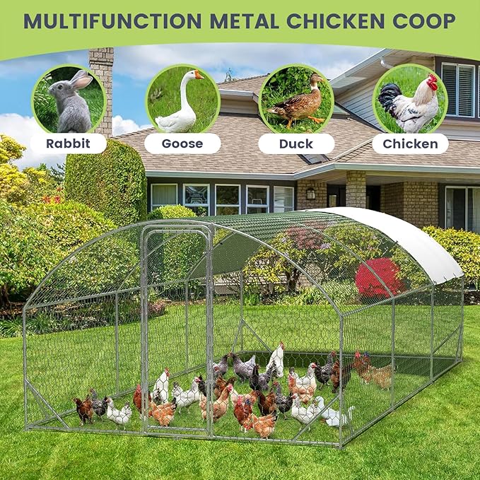 Large Metal Chicken Coop, Walk-in Poultry Cage, Large Chicken Run with Waterproof & Anti-UV Cover, Chicken Coop Run with Lockable Doors for Outdoor, 9.8 x 19.7 x 6.6FT