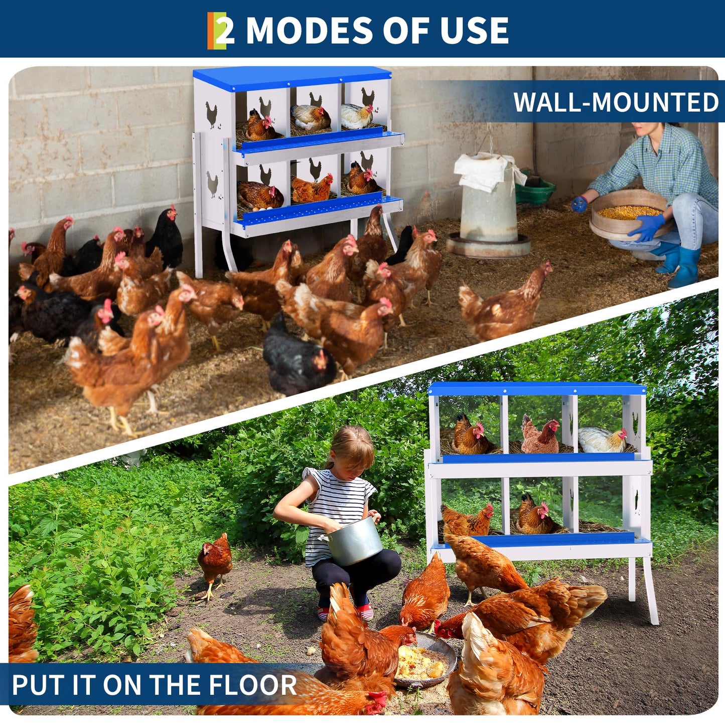 Garvee Chicken Nesting Box with Removable Tray, 6 Compartment Nesting Boxes for Chickens, Easy to Clean and Install, Chicken Laying Boxes for Chicken Coop to Protect Eggs - with Bracket Legs, Blue