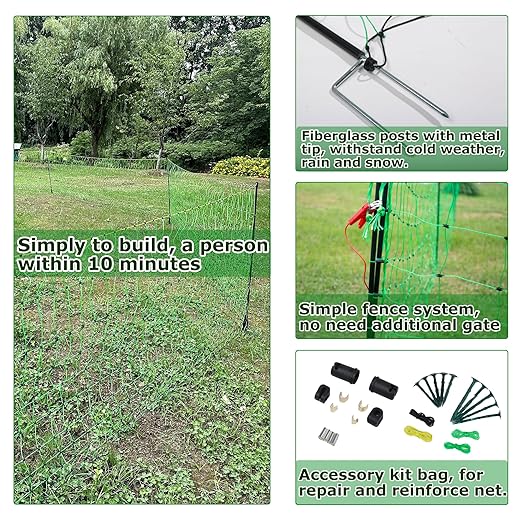 Electric Fence Netting, 42.5" H x 164' L, Portable Livestock Nets Mesh for Hog, Dogs, Deer, Goats, Larger Animals Electric Fencing for Backyards, Homesteaders, Farms, Ranches, Gardens