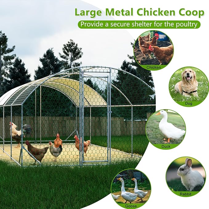 Large Metal Chicken Coop, Walk-in Chicken Run Pen with Waterproof Anti-UV Cover, Dome Roof Poultry Cage for Outdoor, Backyard, Farm (26'W x 9'L x 6'H)