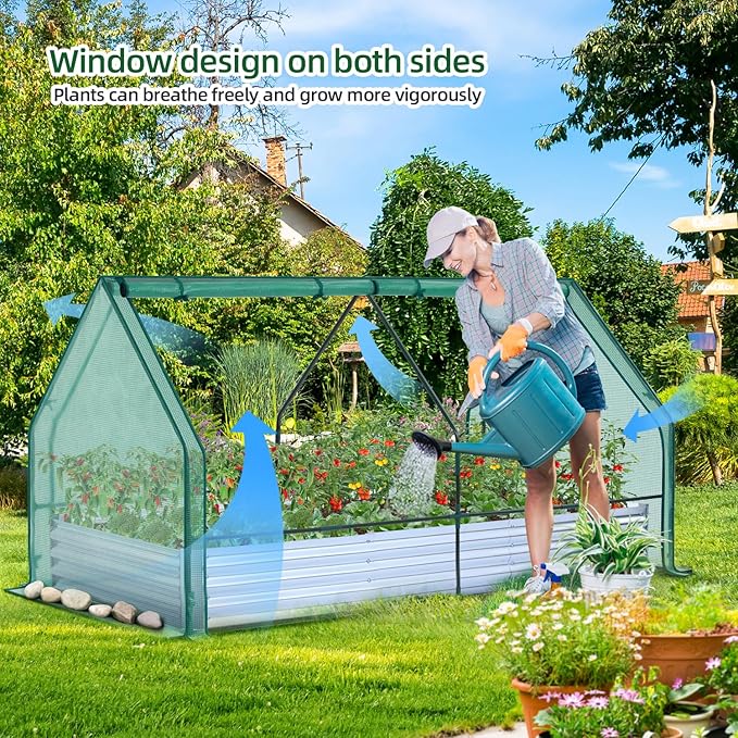 Ohuhu Raised Garden Bed with Greenhouse, 8x4x1 FT Galvanized Metal Planter Box with PE Cover, 4 Doors for Ventilation, 3-in-1 Gardening Set for Vegetable Flower Herb Succulent
