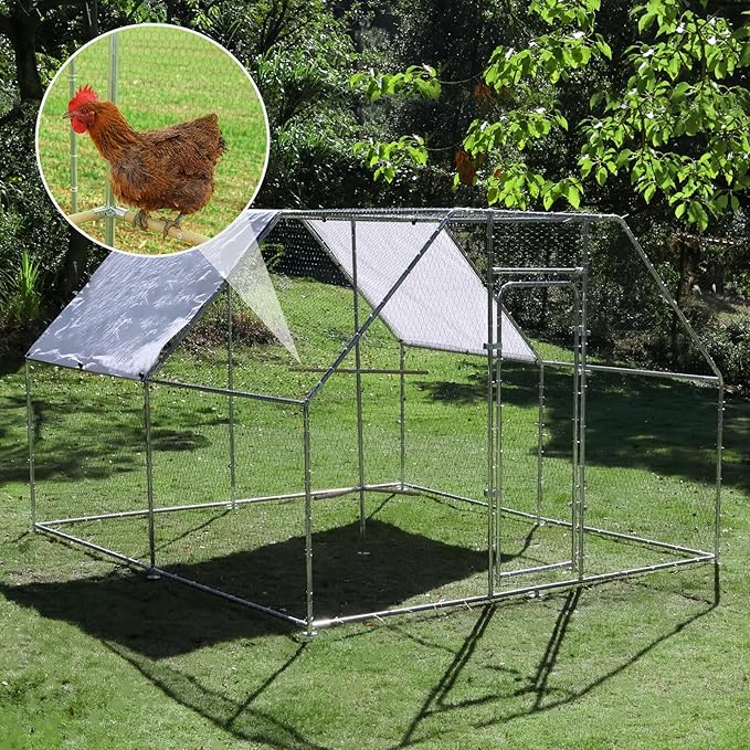 Large Metal Chicken Coop Run with Climbing Frame, Outdoor Walk-in Poultry Cage Flat Top with Waterproof&Anti-UV Cover, for Outdoor Backyard Farm, Silver (118" L x 118" W x 78.7" H)