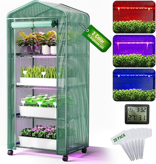 PYY Mini Indoor Greenhouse with Grow Light - Small Portable Outdoor Plant Green House Cabinet with Wheels, Thermometer, PE Tent Cover, 4 Dimmable 3 Color 2FT 36W LED Kit, 4 Tier Gardening Shelves