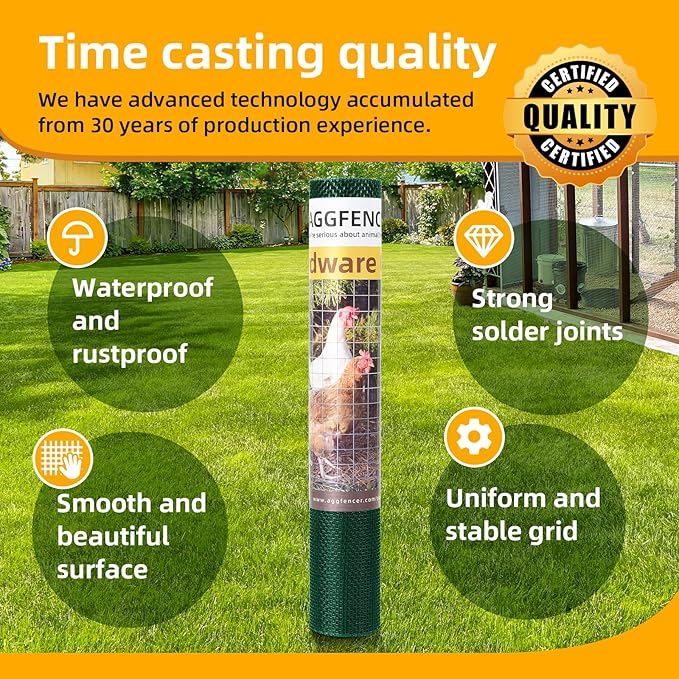 24in x 10ft Green Hardware Cloth 1/8 inch 27Ga PVC Coated Wire Mesh Vinyl Coated Galvanized Wire Mesh Screen Roll, Welded Metal Chicken Wire Fencing, for Garden Plant Fencing Bee Screen