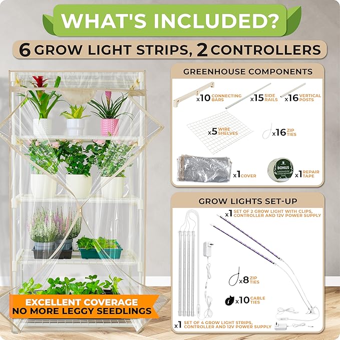 Carpathen Indoor Greenhouse with Grow Lights - 4 Tiers 27.2"L x 19.3"W x 54"H with 1 Dimmable 15W Full Spectrum LED Light Strip and 1 Gooseneck Plant Lamp Clip-on - Mini Greenhouse with Zip PVC Cover