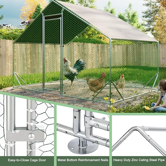 Large Chicken Coop,Metal Chicken Run for Yard with Door,Outdoor Galvanized Wire Poultry Chicken House with Waterproof and Anti-UV Cover,Duck Rabbit Cage (10' L x 6.6' W x 6.56' H)