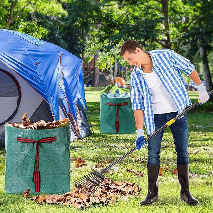 2 Pack Reusable Yard Waste Bags - 40 Gallon Dustpan Type Lawn And Leaf Bags, Heavy Duty Garden Bags With Adjustable Metal Leaf Rake,Gardening Gloves,Garden Waste Bag With Handles,Camping Recycling Bag