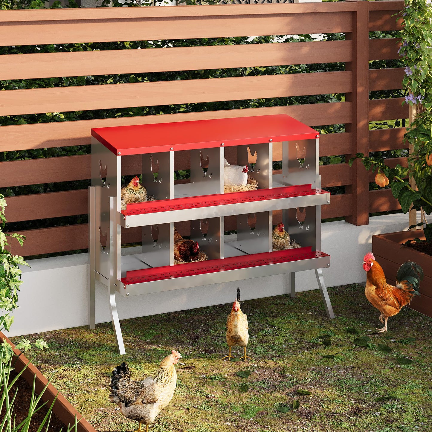 Chicken Nesting Boxes, 8-Hole Metal Nesting Box with Perch & Roll-Away Egg Design – Wall Mount or Freestanding Laying Box for Hens, Ducks, Quail (Heavy-Duty Galvanized Steel),Red. 1