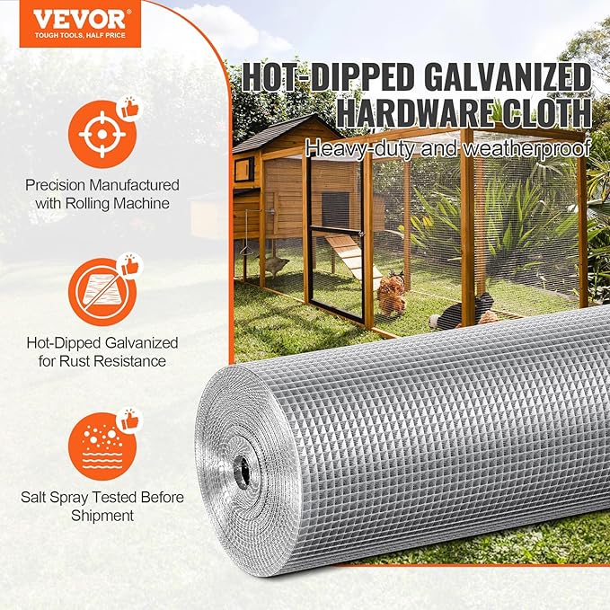 VEVOR Hardware Cloth, 1/4 inch 48in x 100 ft 23 Gauge, Hot Dipped Galvanized Wire Mesh Roll, Chicken Wire Fencing, Wire Mesh for Rabbit Cages, Garden, Small Rodents