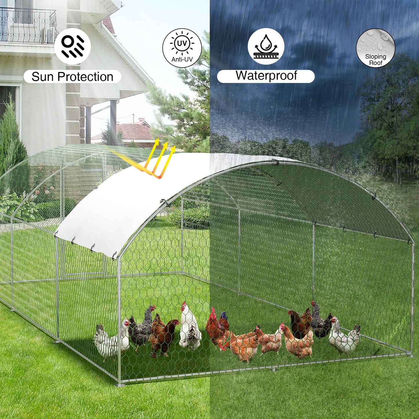 Large Metal Chicken Coop, Metal Chicken Run with Waterproof and Anti-Ultraviolet Cover for Outside, 9.8 x 19.7 x 6.5 Ft Walk-in Poultry Cage, Outdoor Chicken Pen for Backyard and Farm