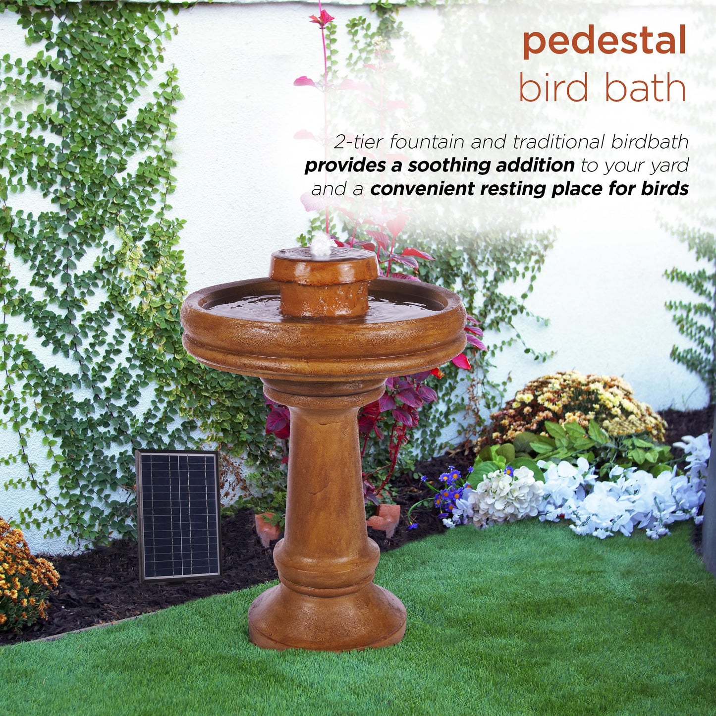 Alpine Corporation TZL202SLR 29" Solar-Powered Outdoor Birdbath Fountain with LED Lights – Elegant Pedestal Garden Water Feature for Backyard and Patio Décor, Brown