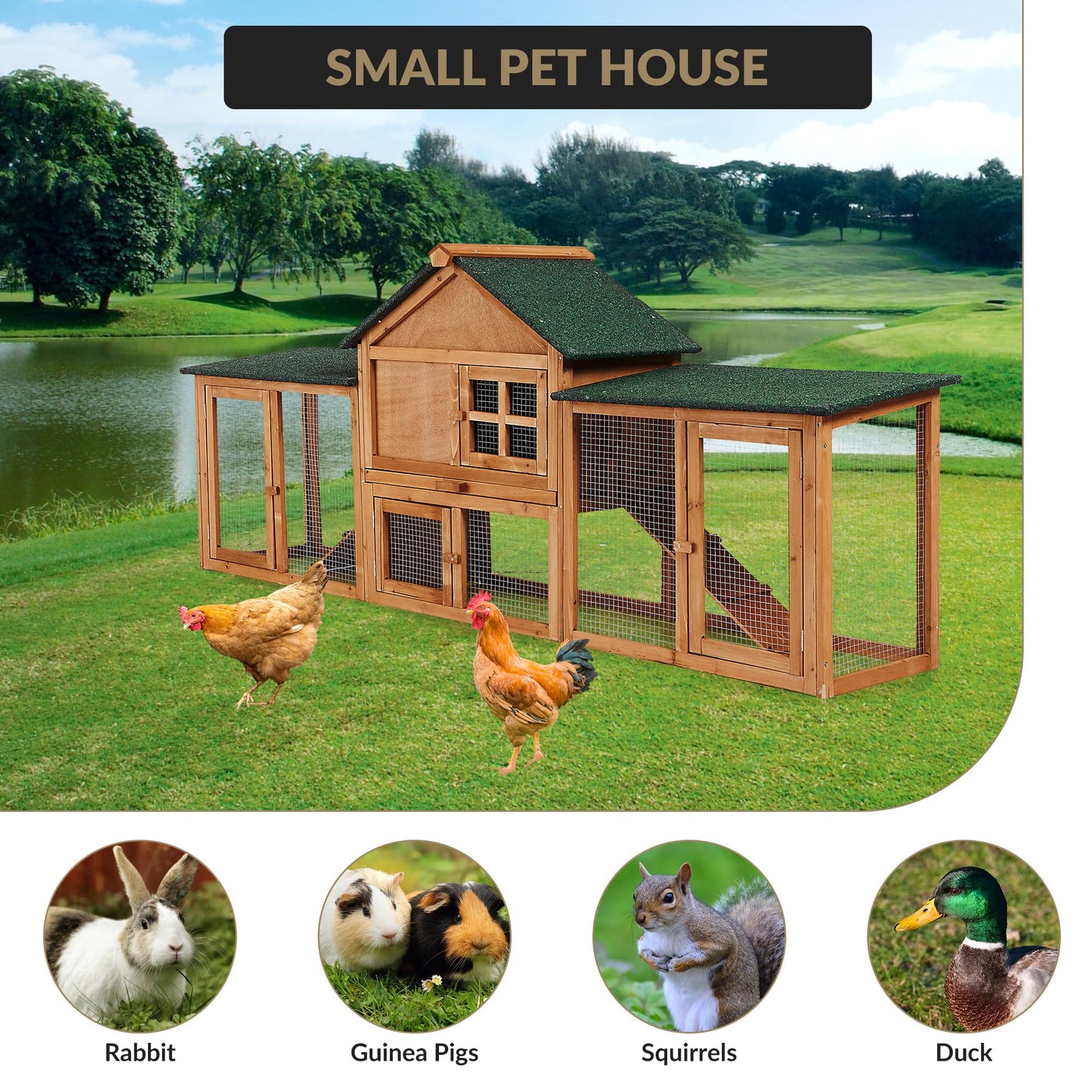 GarveeLife 80in Wooden Rabbit Hutch, Outdoor Chicken Coop, Bunny Hutch Guinea Pig Pet House Bunny Cage with Double Side Runs, Weatherproof Roof, Removable Tray, Ramps for Small Animals