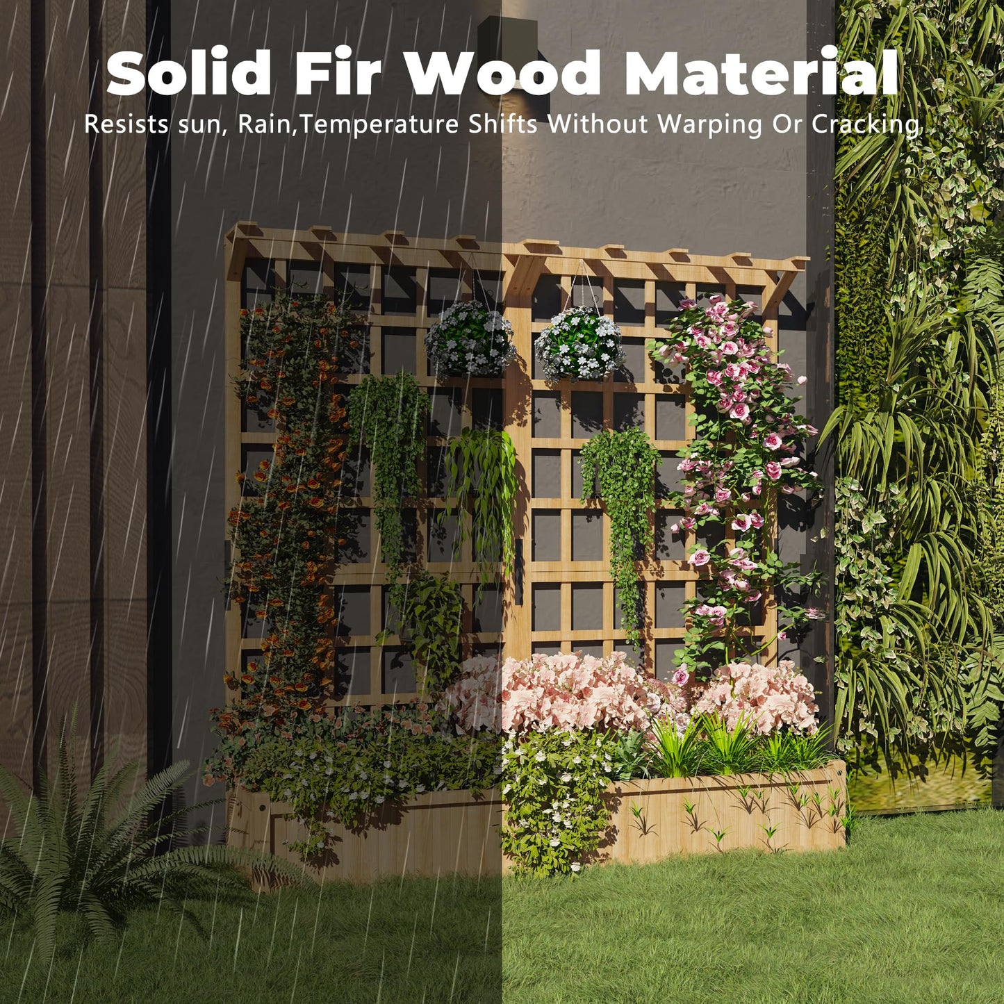 Dual-Section Elevated Wood Planter Box with Trellis - Outdoor Raised Garden Bed with Hanging Roof, 1.4ft Deep Large Planter for Climbing Plants, Vegetables & Flowers (8 Drainage Holes)
