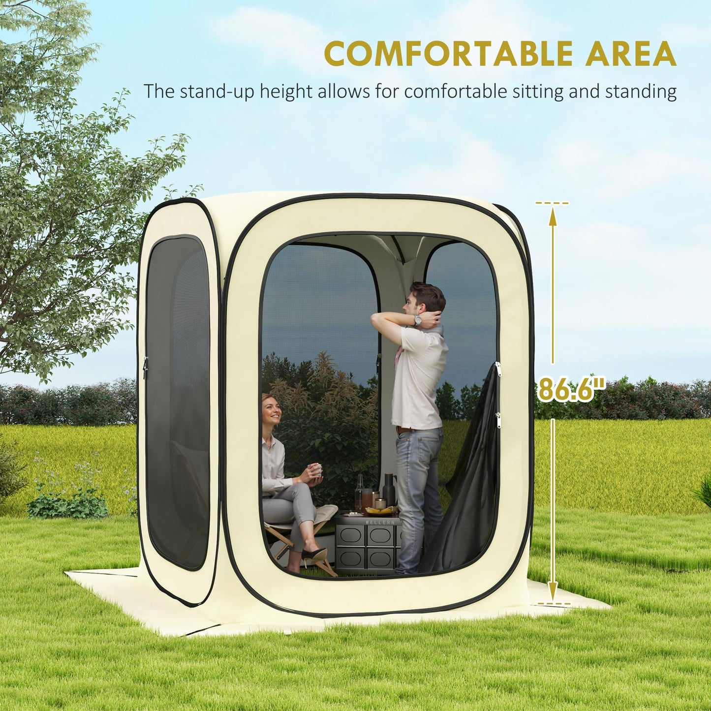 Outsunny 6 x 6ft Pop Up Screen Tent, Portable Camping Gazebo Canopy Screen House with UPF50+ Oxford Cloth and Carry Bag for Patio, Backyard, Deck and Outdoor Activities, Beige
