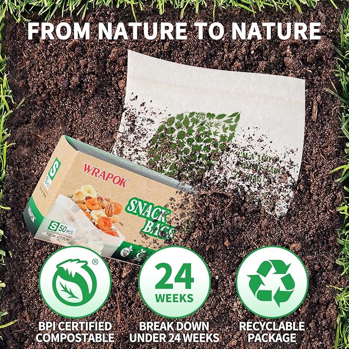 100% Compostable Snack Bags Small Biodegradable Freezer Sandwich Storage Bag for Cookies Biscuits, 50 Count - 6.3 x 3.9 Inch