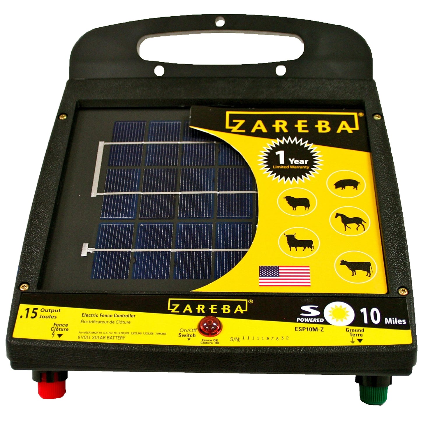 Zareba ESP10M-Z Solar Powered Low Impedance Electric Fence Charger - 10 Mile Solar Powered Electric Fence Energizer, Contain Animals and Keep Out Predators, Yellow/Black