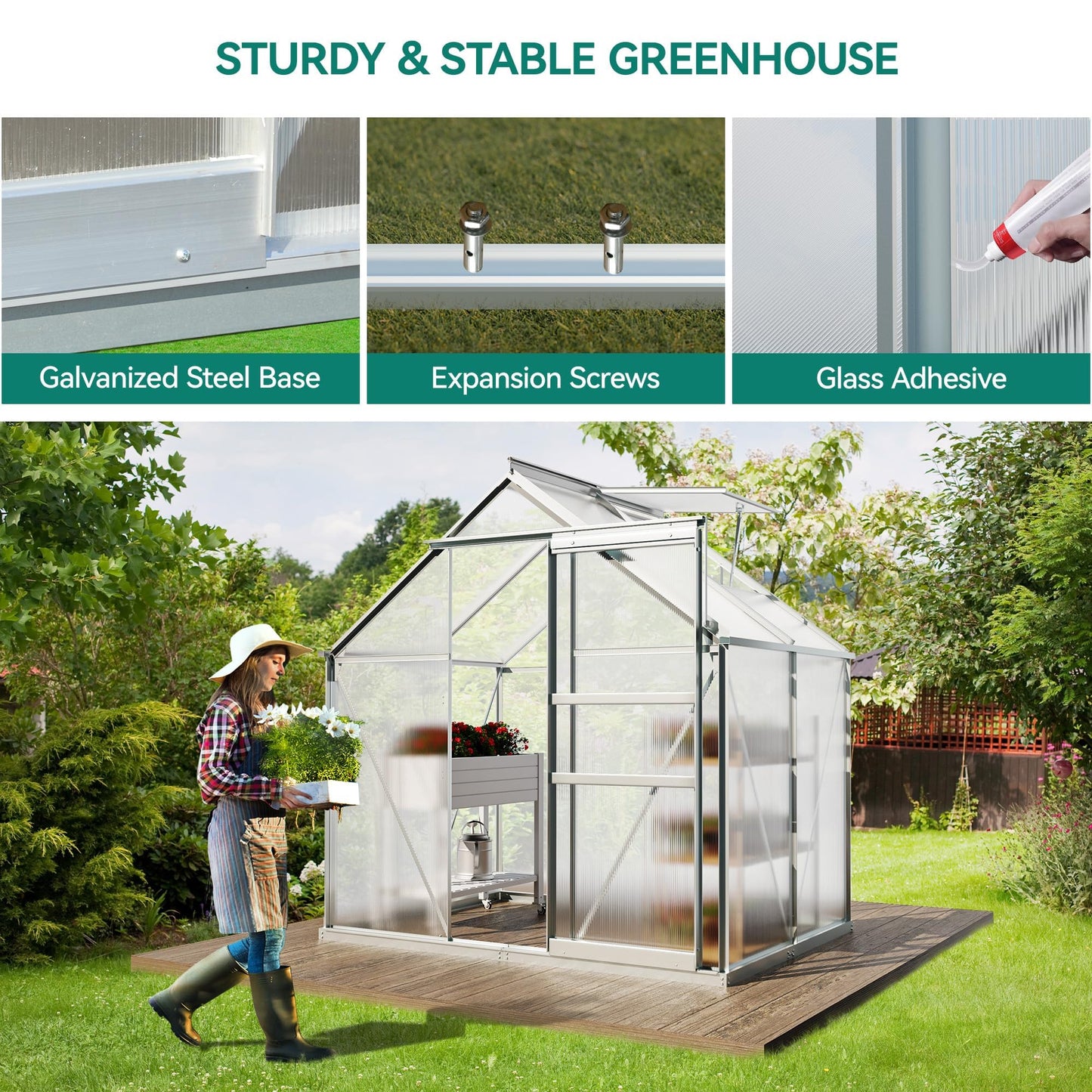YITAHOME 10x12FT Polycarbonate Greenhouse for Outdoors, Large Heavy Duty Aluminum Greenhouses with Sliding Doors and Vent Window, Walk-in Greenhouse for Garden Backyard, Simple Setup, Silver