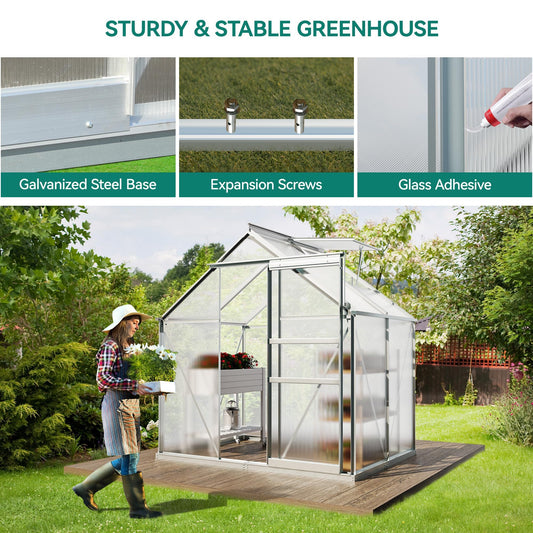 YITAHOME 10x12FT Polycarbonate Greenhouse for Outdoors, Large Heavy Duty Aluminum Greenhouses with Sliding Doors and Vent Window, Walk-in Greenhouse for Garden Backyard, Simple Setup, Silver