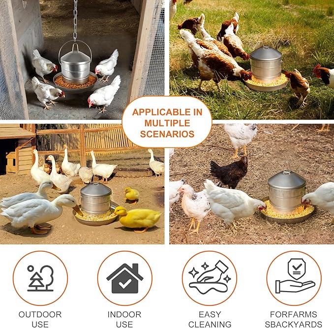17.8lb Stainless Steel Hanging Chicken Feeder, Metal No Waste Poultry Feeder, Rustproof, Reusable, Long-Lasting, Gravity Feed Chicken Coop Accessories for Chicken, Geese, Duck, Hens, Rooster, Chick