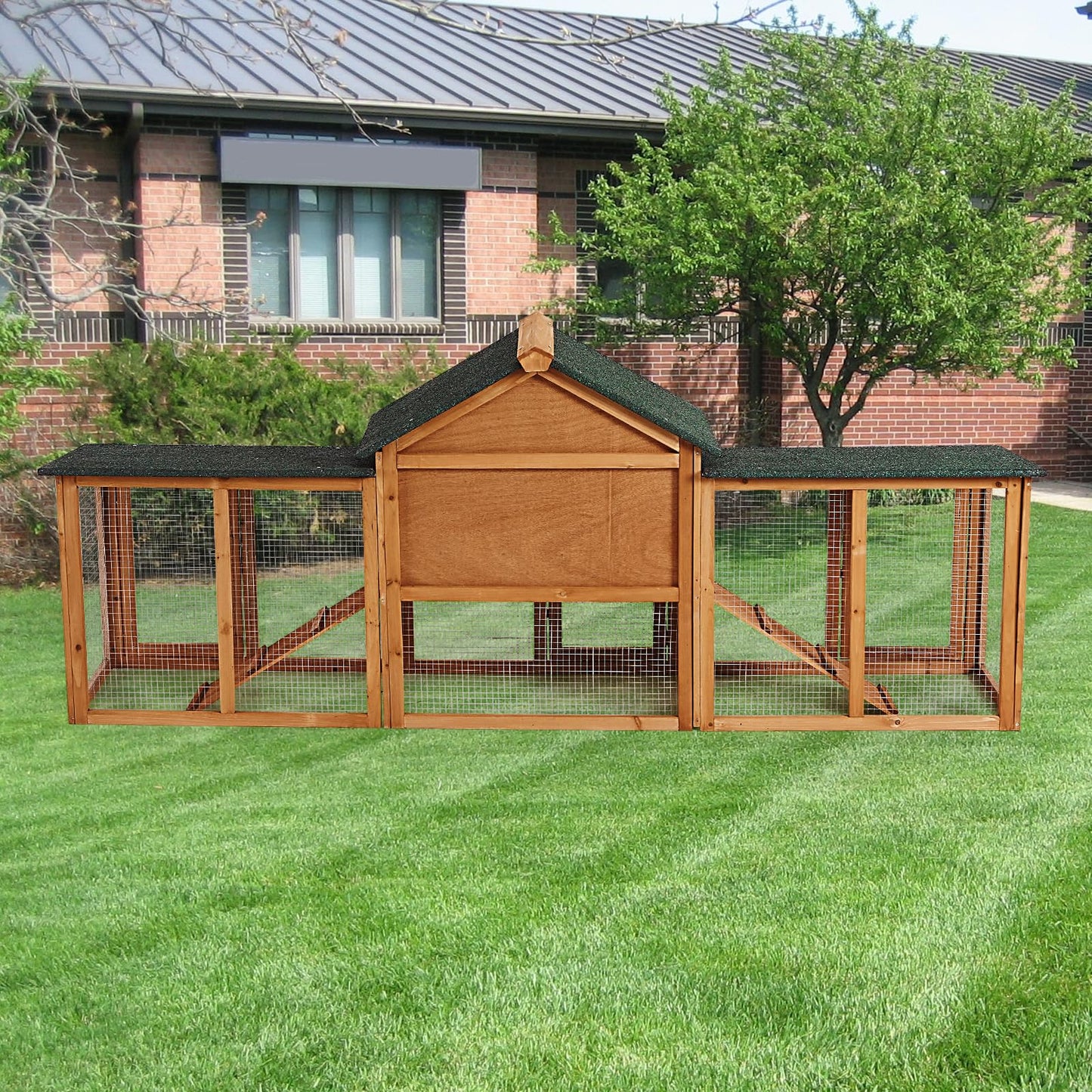 OutdoorVibe 82in Wooden Rabbit Hutch, Outdoor Chicken Coop, Bunny Hutch Guinea Pig Pet House Bunny Cage with Double Side Runs, Weatherproof Roof, Removable Tray, Ramps for Small Animals