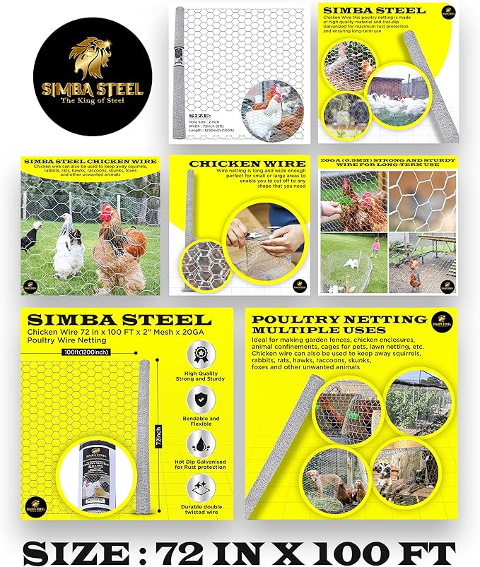 Chicken Wire 72 in x 100 FT x 2” Mesh x 20GA | Poultry Wire Netting | Hot Dipped Galvanised | Hexagonal Galvanized Mesh for Chicken Coop, Rabbit Cage, Fence Barrier PM72x100x2