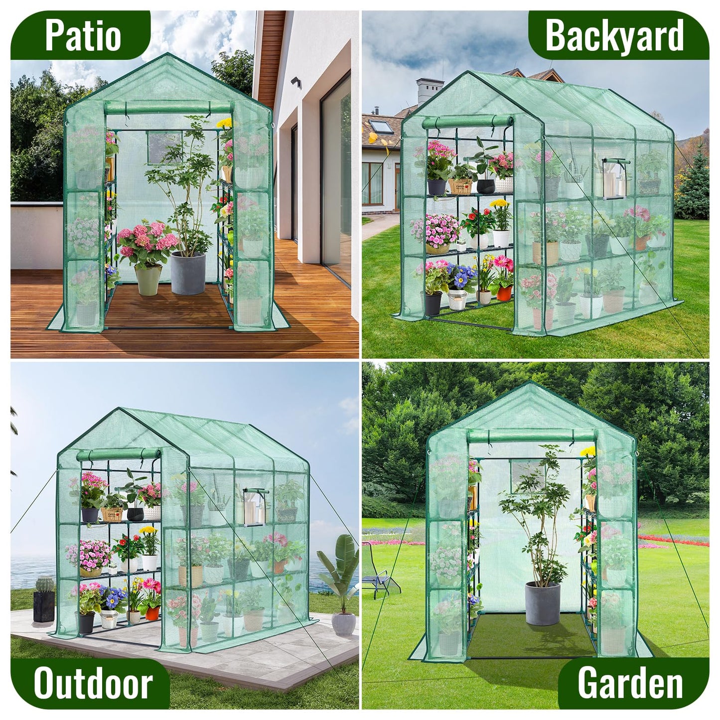 Greengro Greenhouse, 57 x 85 x 76'' Greenhouses for Outdoors, Portable Greenhouse Kit with Mesh Side Windows, PE Cover, 8 Shelves, Heavy Duty Walk in Green House for Backyard Garden Indoor Outside
