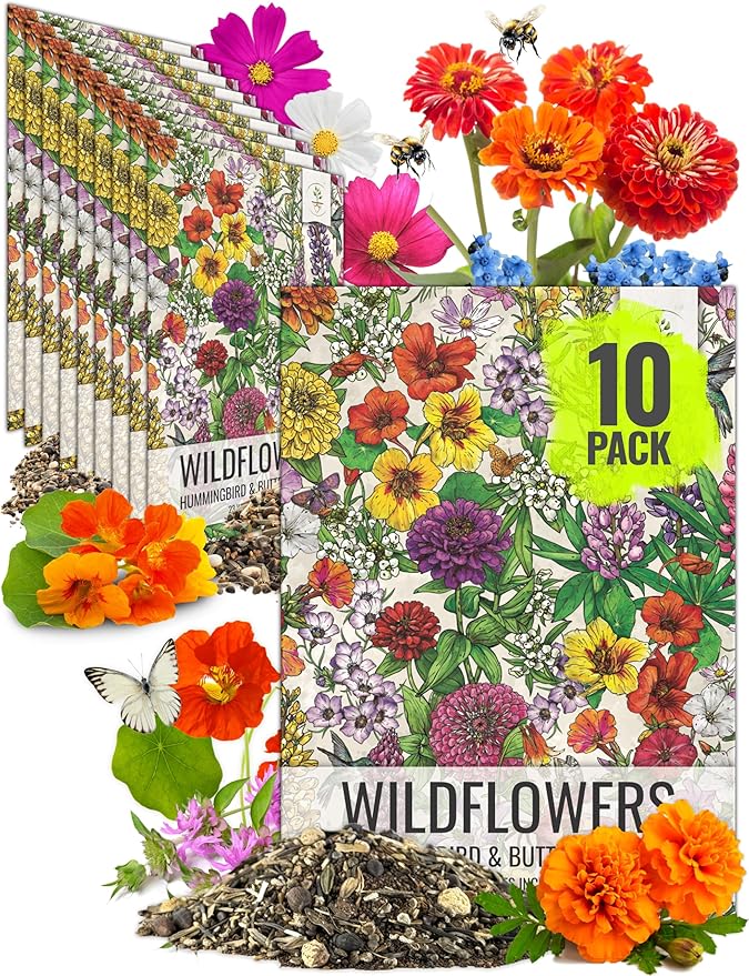 Seed Needs Wildflower Seeds Hummingbird and Butterfly Seed Mix | 10 Packs (1 Ounce Each) No Filler 23 Varieties Garden Seeds Annual & Perennial Species | Pollinator Attracting Flower Seed | Bulk