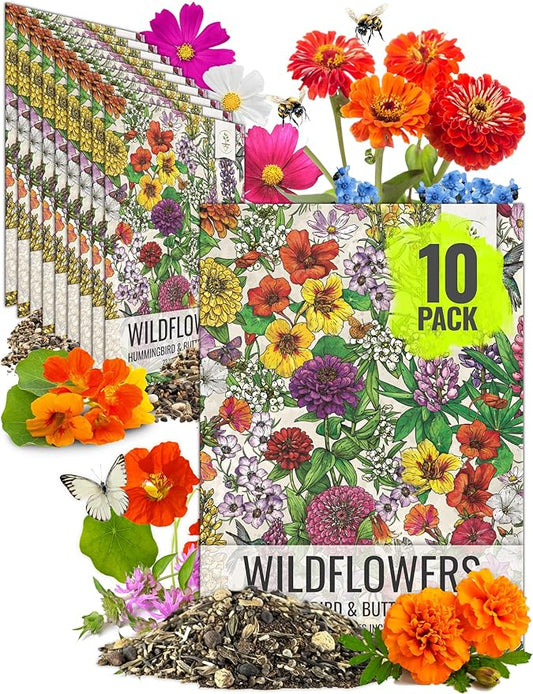Seed Needs Wildflower Seeds Hummingbird and Butterfly Seed Mix | 10 Packs (1 Ounce Each) No Filler 23 Varieties Garden Seeds Annual & Perennial Species | Pollinator Attracting Flower Seed | Bulk