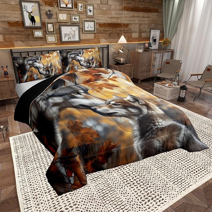 Wolves Toddler Bedding Set for Adults,Jungle Safari Animal Comforter Set Bed Set Men Bedroom Decor,3D Wolf Family 2 Pieces Quilt Set,Autumn Botanical Plants Quilt Set Insert,1 Pillow Case