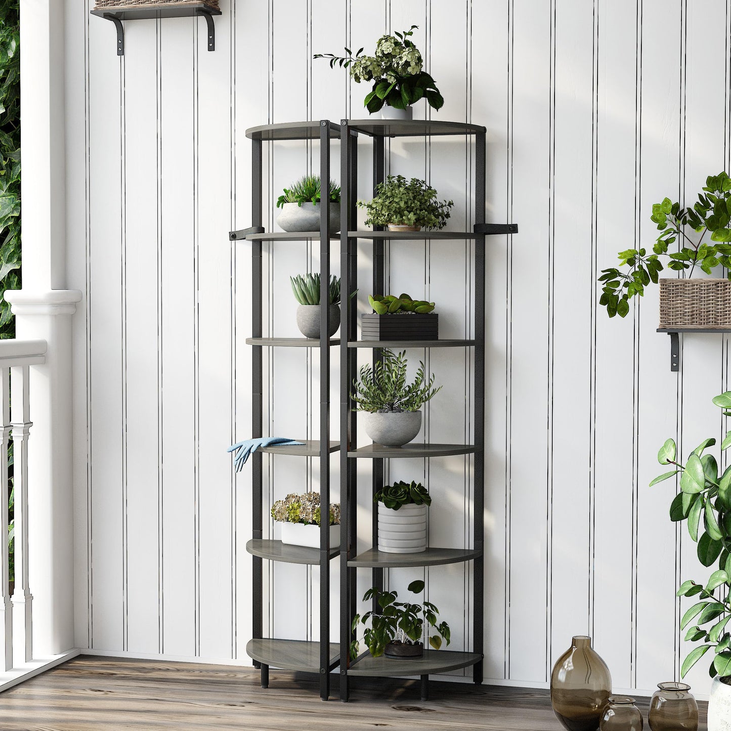 IRCPEN 6 Tier Corner Shelf 63.1" Tall Ladder Corner Storage Shelf Rack Grey Woodgrain Industrial Standing Bookshelf Shelf Organizer Display Rack Bookcase Plant Stand for Living Room Bedroom CS-001GW