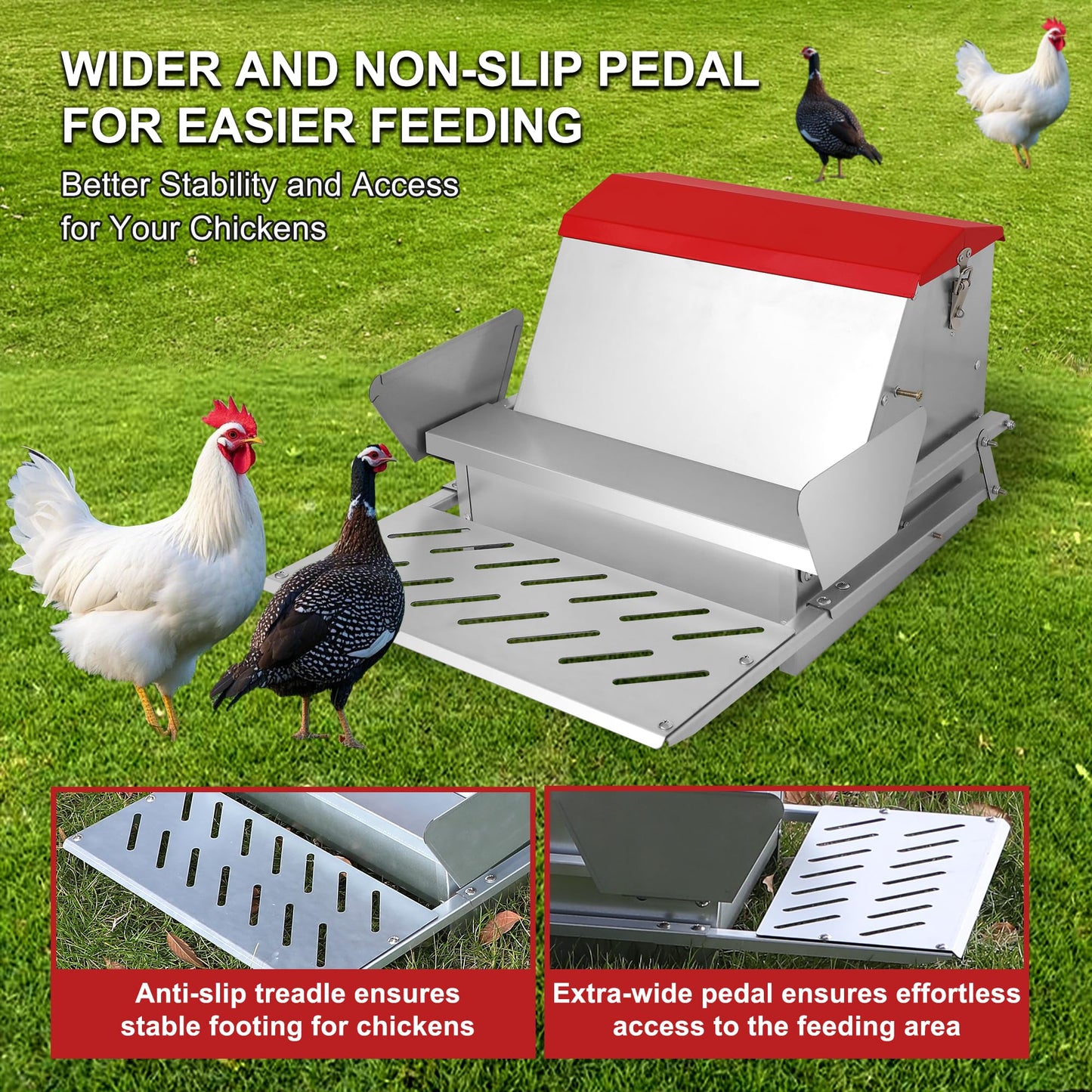 Large Automatic Chicken Feeder-25lb Metal Treadle Chicken Feeder No Waste, Rat Proof Poultry Feeder with Sturdy Galvanized Steel Build & Weatherproof Locking Lid for Duck, Fowl, Pheasants Outdoor Use