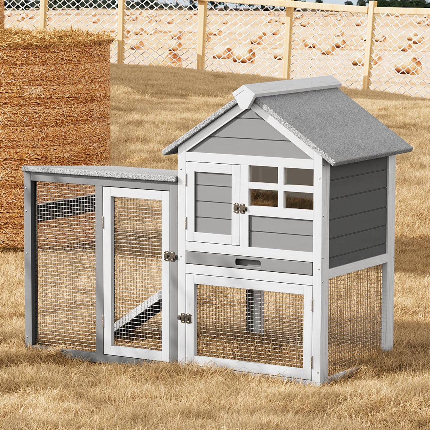 Rabbit Hutch Bunny Cage Indoor Outdoor, Small Wooden Chicken Coop, with Waterproof Roof, Pull Out Tray and Anti-Slip Ramp (45.28" L x 20.08" W x 36.61" H)