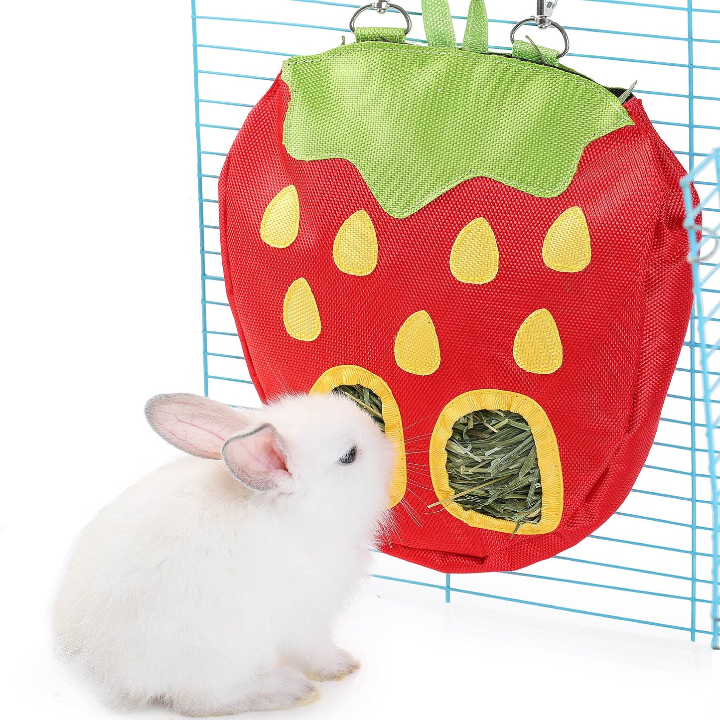 JanYoo Rabbit Hay Feeder Bag for Cage Guinea Pig Timothy Hay Dispenser Storage Manger Hanging Large Less Waste for Bunny