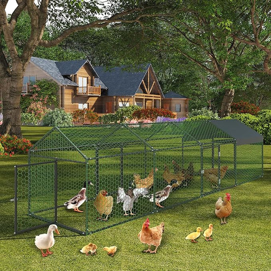 Metal Chicken Coop, 160" x40" x40" Large Chicken Run with 4 Doors, Outdoor Hen House for Yard with Waterproof and Anti-UV Cover, Walk in Poultry Cage for Rabbit Duck Goose, Black