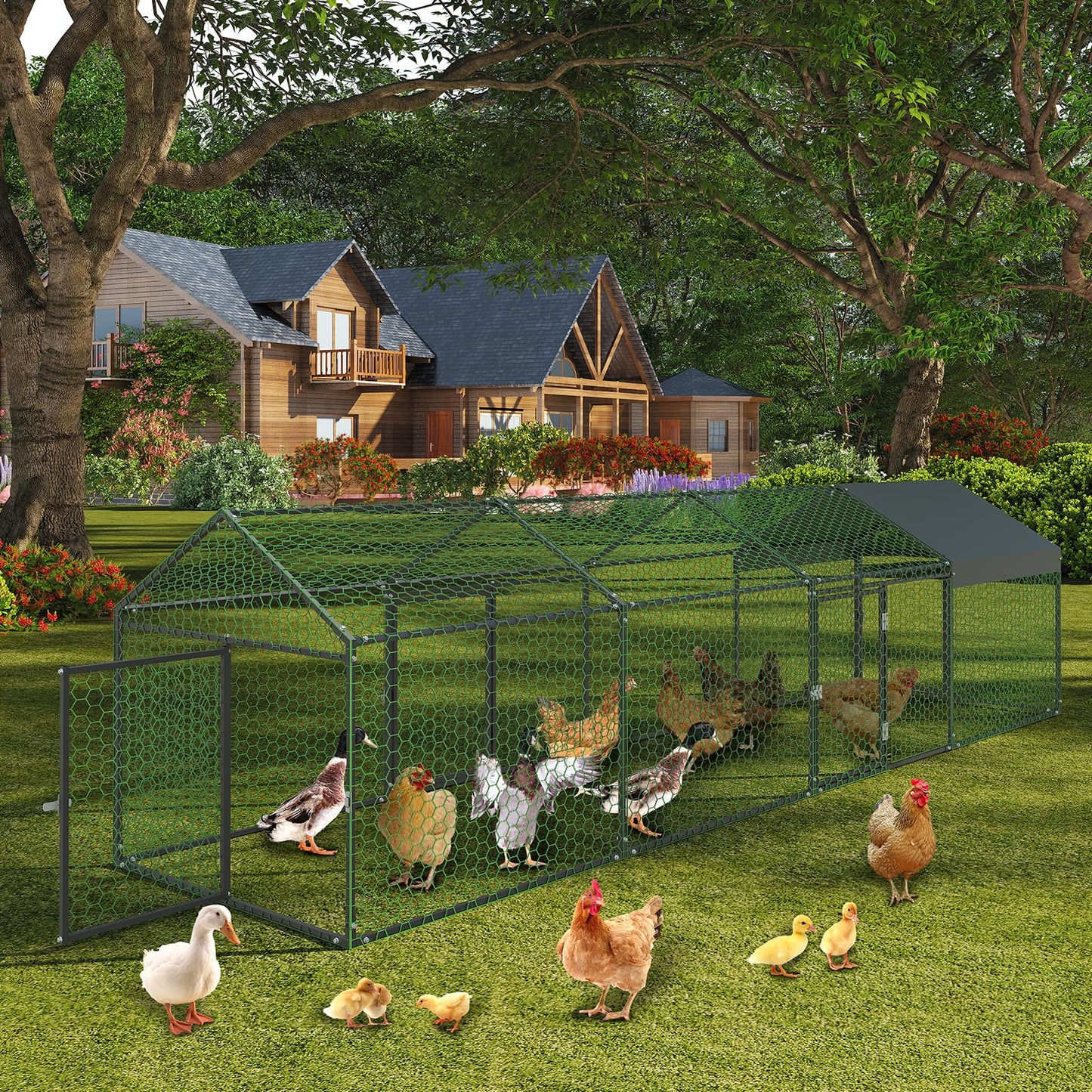 Metal Chicken Coop,160" x40x40 Heavy Duty Walk-in Chicken Runs with Waterproof and Anti-Uv Cover,Portable Poultry Cage Hen House Outdoor Backyard Farm Playpen Exercise Pen for Rabbit Duck