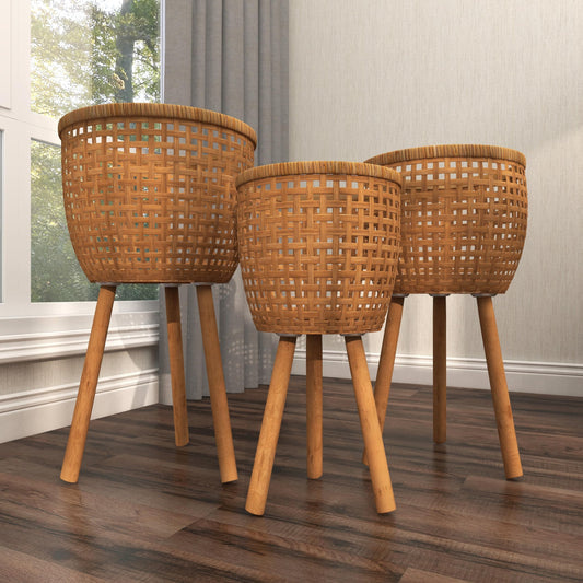 Deco 79 Bamboo Wood Handmade Indoor Planter Woven Basket Large Planter Pot with Wooden Tripod Legs, Set of 3 Planters 26", 23", 20"H, Brown