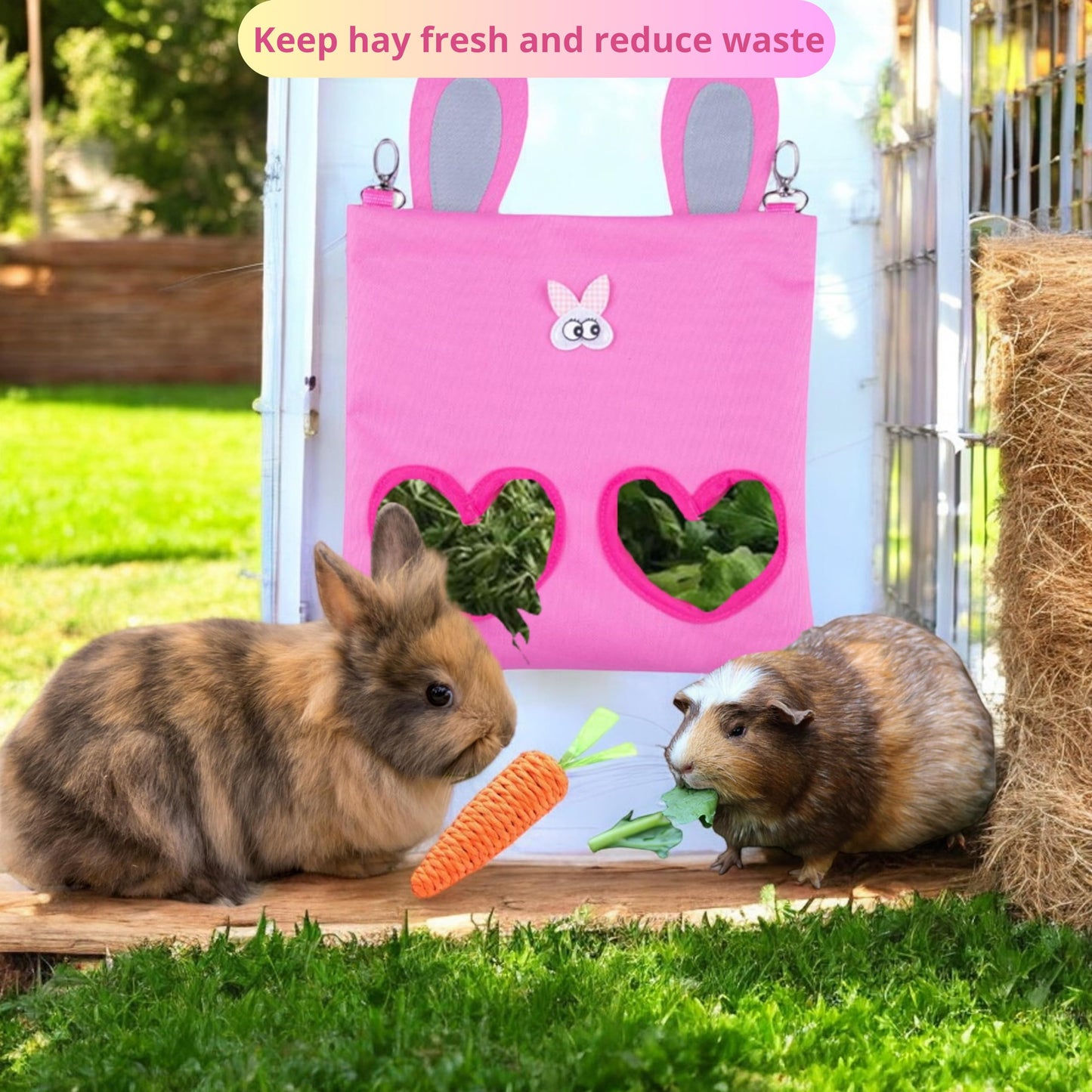 Hanging Rabbit Hay Feeder Bag with Chew Toys Set, Guinea Pig Hay Feeder, Bunny Feeders Holder Storage for Small Pets Bunnies Chinchilla Guinea Pigs Hamster Rats (Pink)