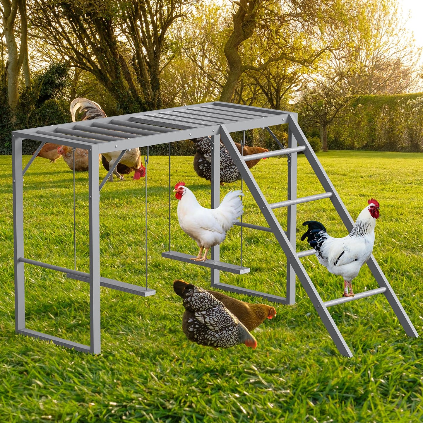 Chicken Perch with Swing Set, Roosting Bars for Chickens in Coop for Pet Chickens' Health and Happiness, Metal Chicken Toys Accessories for Backyard Farms, Light Gray