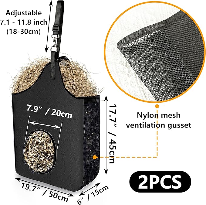 2 Pcs Hay Bag Hanging Goat Feeder Tote Premium Oxford Cloth with Metal Ring and Adjustable Strap for Horses Donkeys Cows Alpacas Ostriches or Other Animals Black