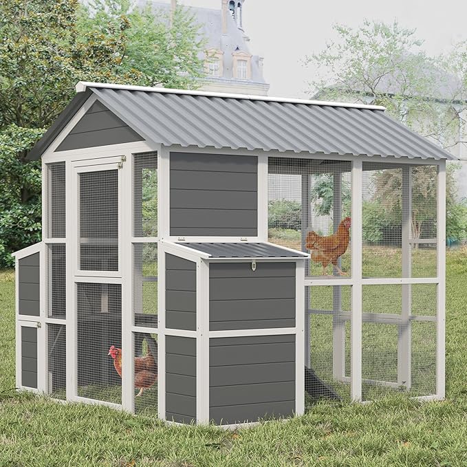 Outdoor Wooden Chicken Coop for 10 Chickens,Large Hen House Poultry Habitat Pet Hutch Run Cage with 2 Chicken Nesting Boxes,Walk in Chicken Coops Run W/Ramp and Run,Waterproof Roof,(80"×82"×69")