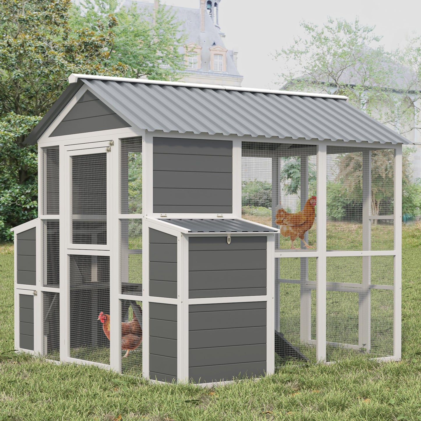 YOPTO Outdoor Wooden Chicken Coop for 10 Chickens,Large Hen House Poultry Habitat Pet Hutch Run Cage with 2 Chicken Nesting Boxes,Walk in Chicken Coops Run W/Ramp and Run,Waterproof Roof,(80"×82"×69")