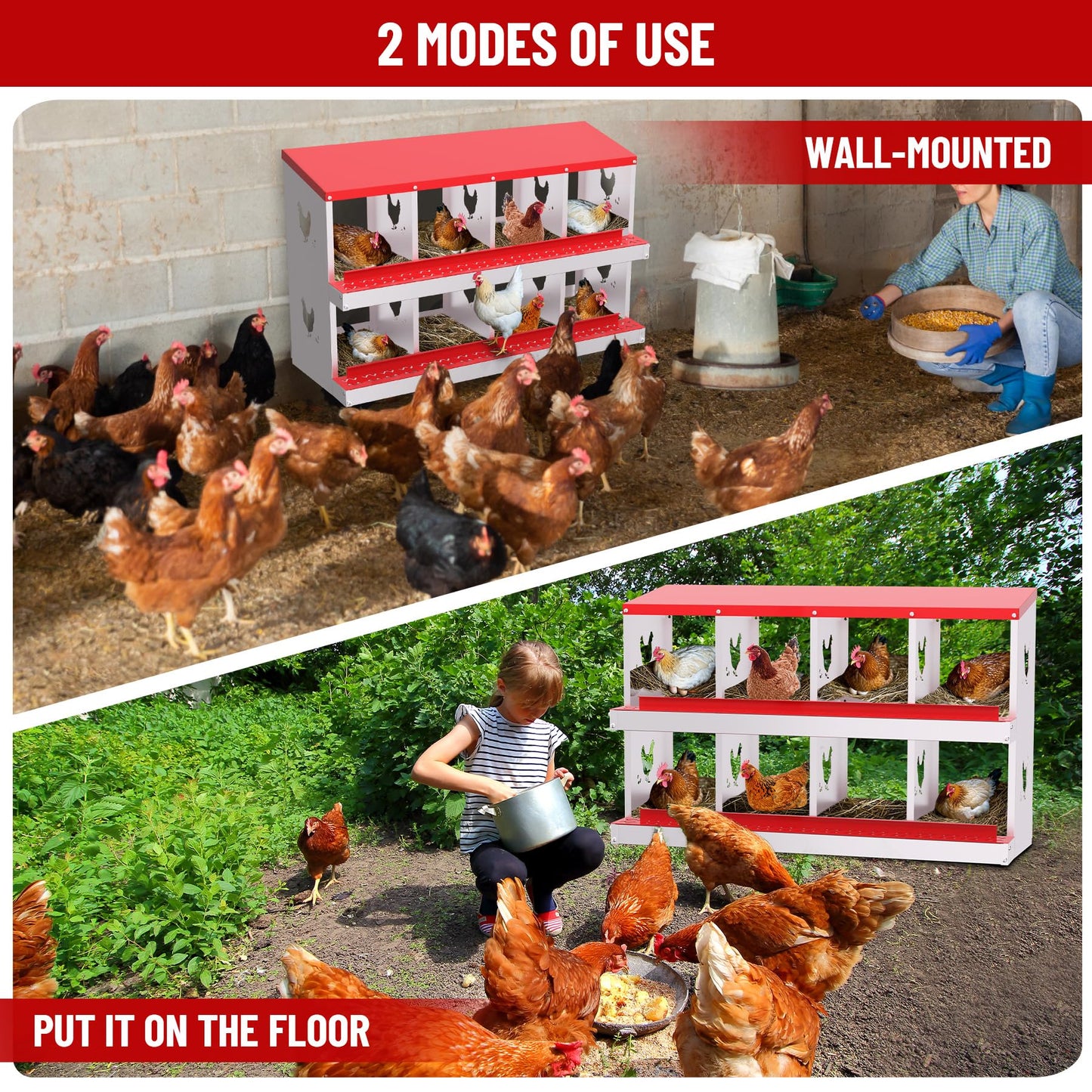 Chicken Nesting Boxes, 8 Compartments Nesting Boxes, Metal Chicken Laying Box with Roll Out Egg Collection with Vented Holes for Hens, Red