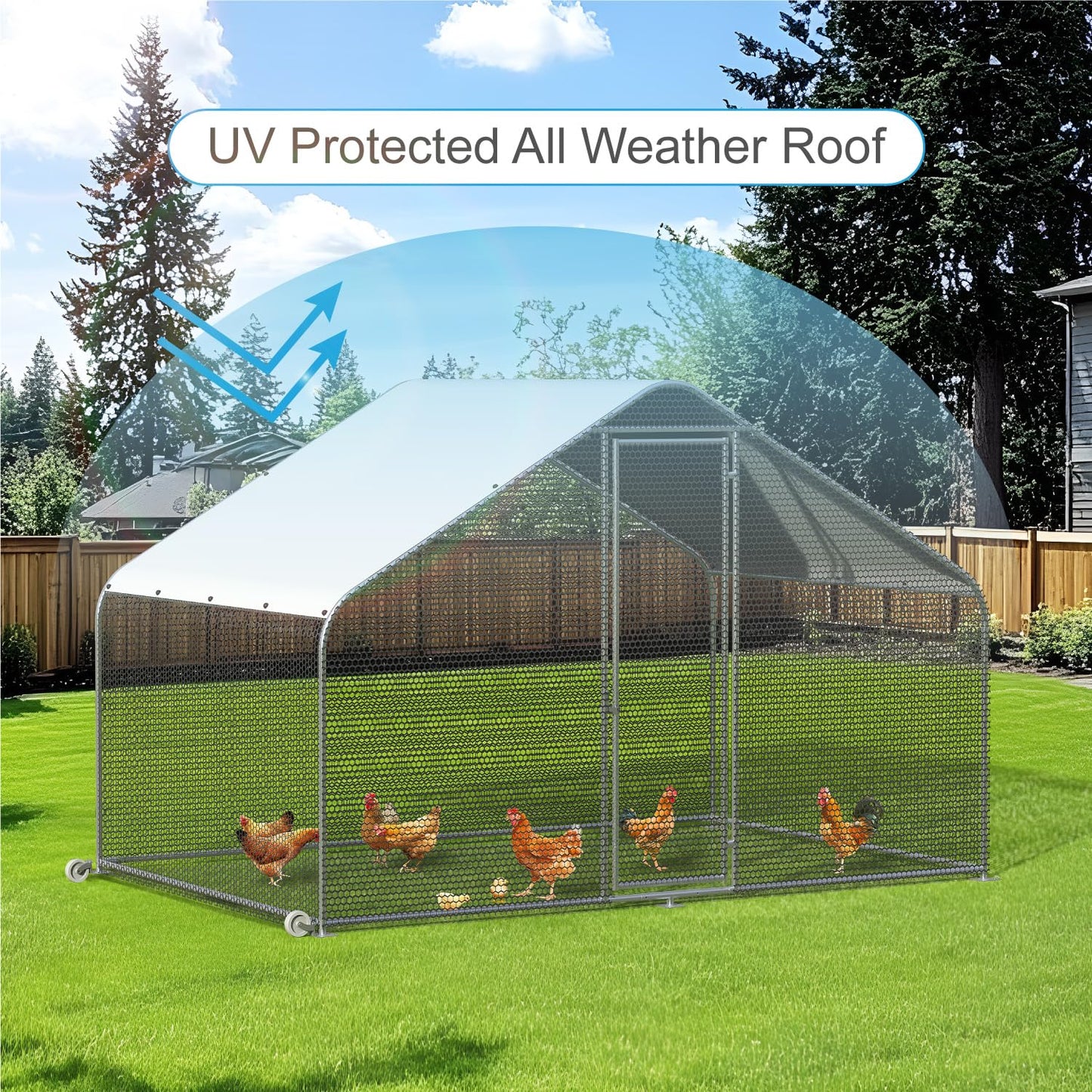 PETS TUFF Chicken Chalet - Chicken Coop for Chickens, Ducks, Rabbits & More - Predator-Resistant, Strong Wire with Mesh Bottom - Wheels for Easy Moving - Wind & Snow Durable Chicken Pen - 124”x81”x79”