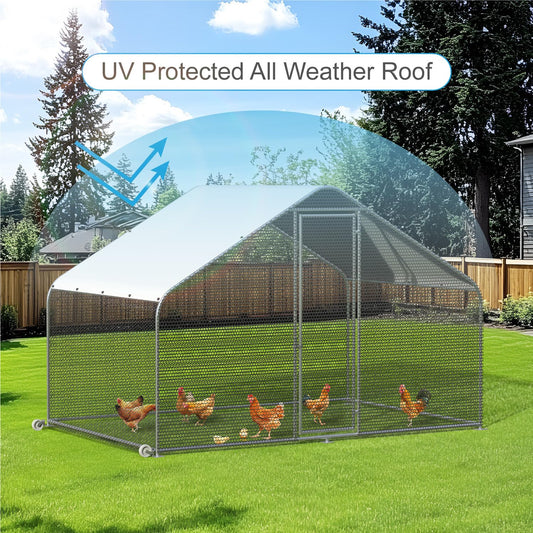 PETS TUFF Chicken Chalet - Chicken Coop for Chickens, Ducks, Rabbits & More - Predator-Resistant, Strong Wire with Mesh Bottom - Wheels for Easy Moving - Wind & Snow Durable Chicken Pen - 124”x81”x79”