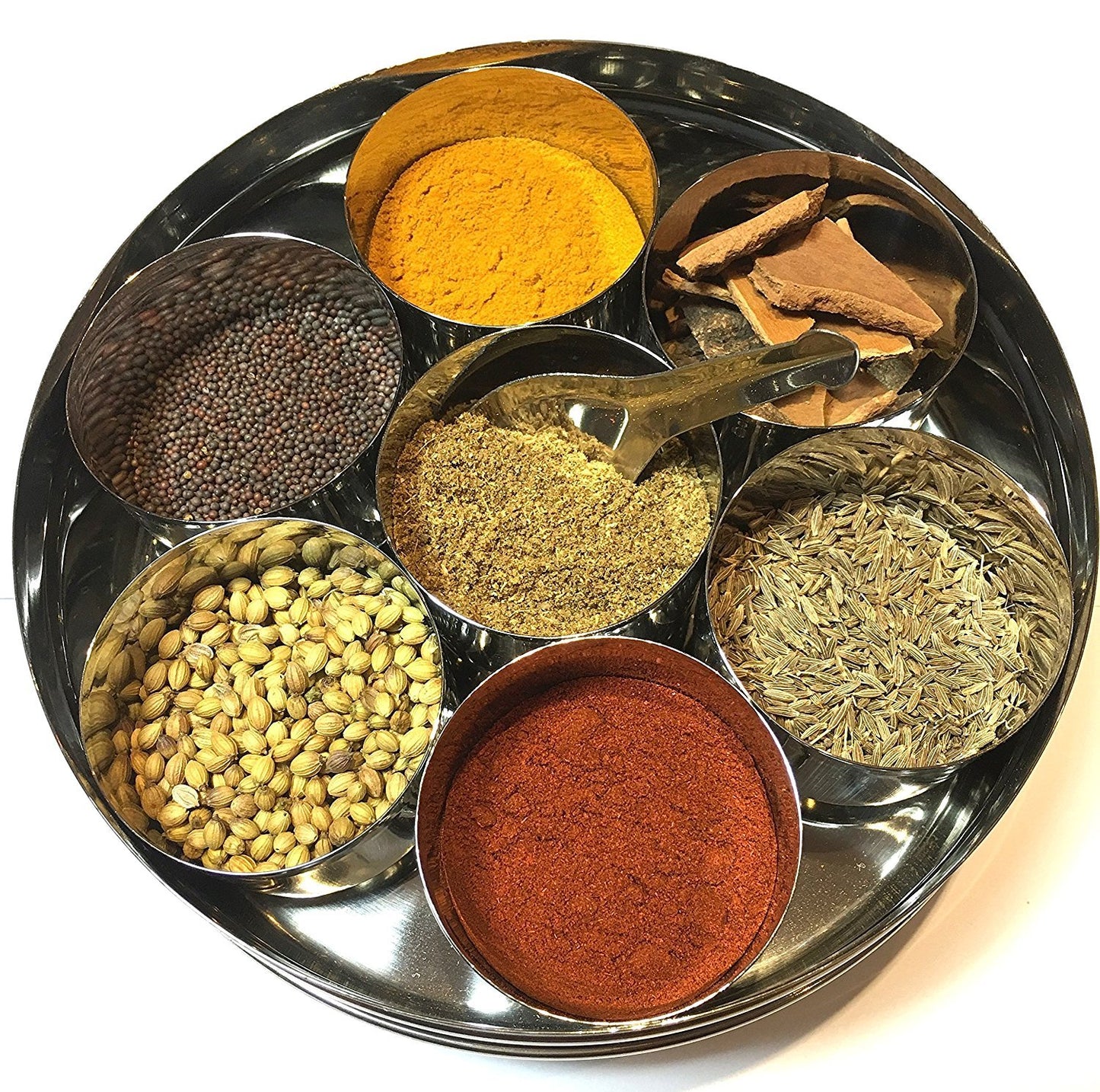 Chanaksha Trading Spice Container Stainless Steel Round Spices Box Kitchen Masala Dabba - Spice Container - Masala Dabba - 7 Compartments with 2 Spoon, Airtight Silver Color