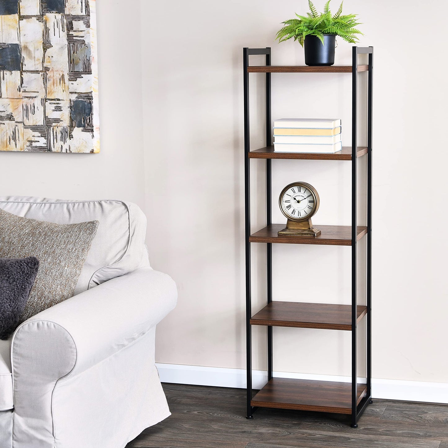 Household Essentials Jamestown Narrow 5 Shelf Open Storage Bookshelf Mid Century Walnut Wood Grain and Black Metal